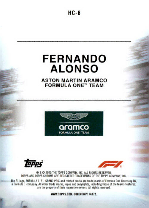 2025 Topps Chrome Formula 1 #HC-6 Fernando Alonso Helmet Collection