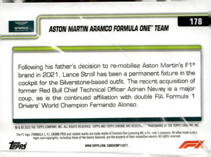 2025 Topps Chrome Formula 1 #178 Aston Martin Aramco Formula One LOGO