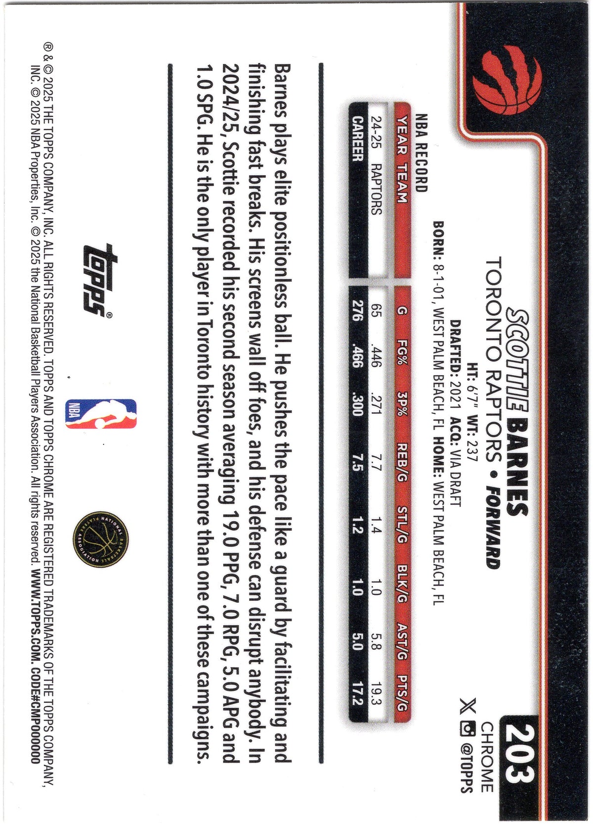 2025-26 Topps Chrome #203 Scottie Barnes