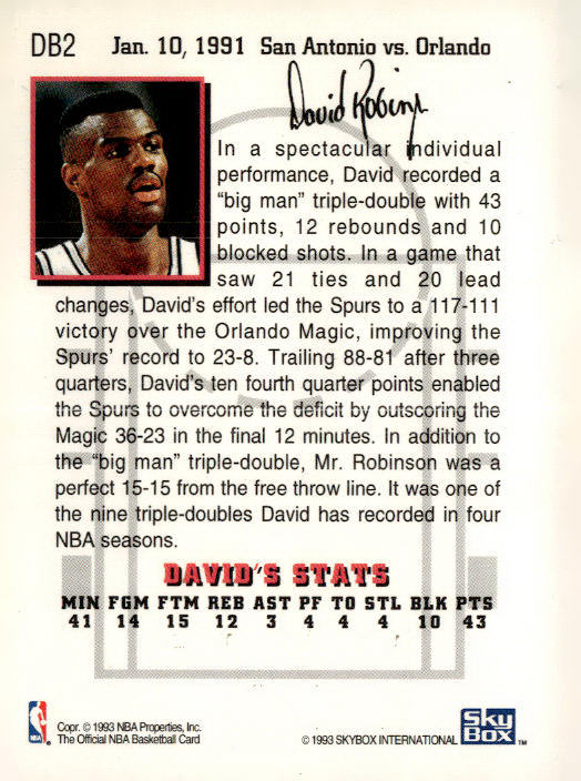 1993-94 Hoops #DB2 David Robinson David's Best