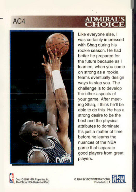 1993-94 Hoops #AC4 Shaquille O'Neal Admiral's Choice