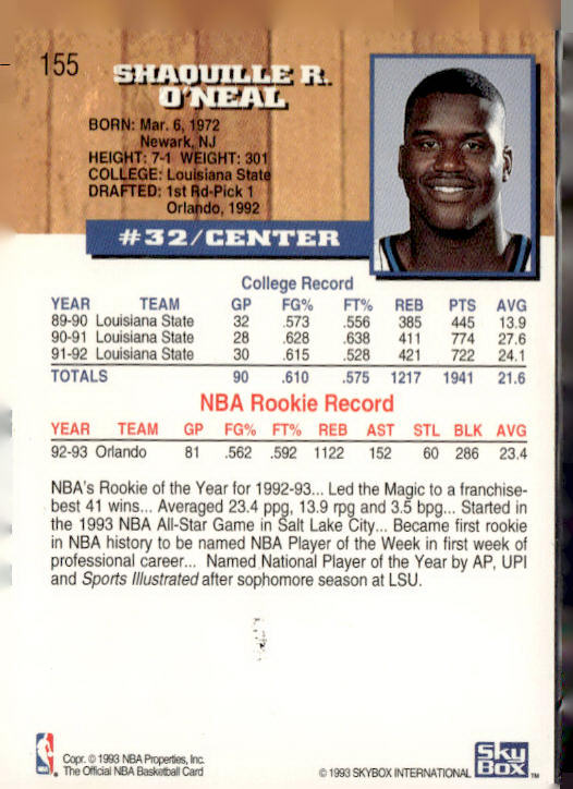 1993-94 Hoops #155 Shaquille O'Neal Fifth Anniversary Gold