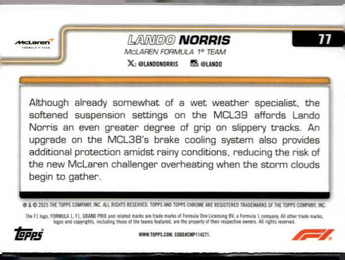 2025 Topps Chrome Formula 1 #77 Lando Norris