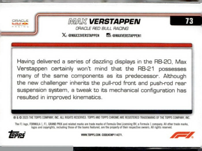 2025 Topps Chrome Formula 1 #73 Max Verstappen