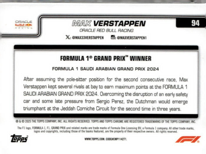 2025 Topps Chrome Formula 1 #94 Max Verstappen