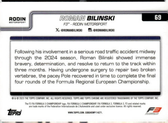 2025 Topps Chrome Formula 1 #69 Roman Bilinski Black & White RayWave Refractor