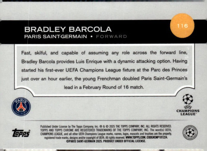2024-25 Topps Chrome UEFA Club Competitions #116 Bradley Barcola