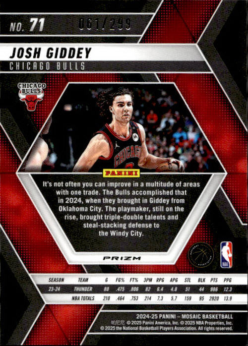 Josh Giddey 2024-25 Panini Mosaic Basketball Prizm #71 /299 - Chicago Bulls