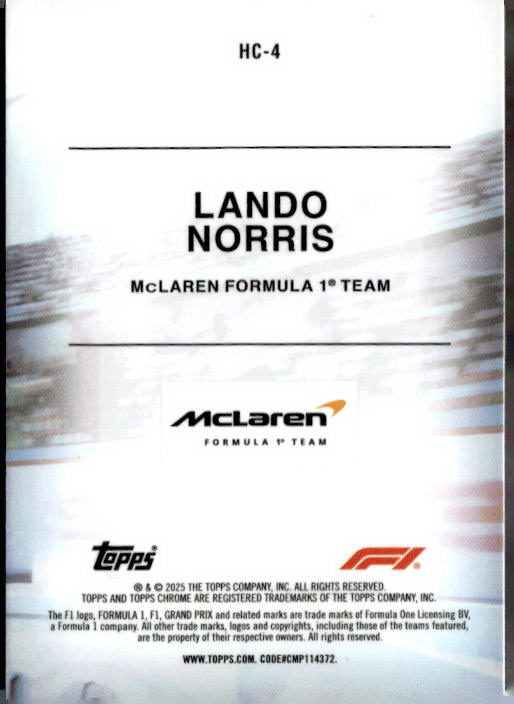 2025 Topps Chrome Formula 1 #HC-4 Lando Norris Helmet Collection
