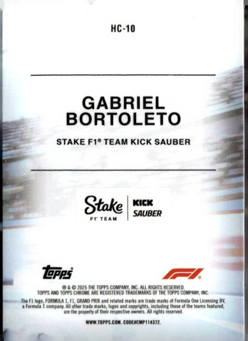 2025 Topps Chrome Formula 1 #HC-10 Gabriel Bortoleto Helmet Collection