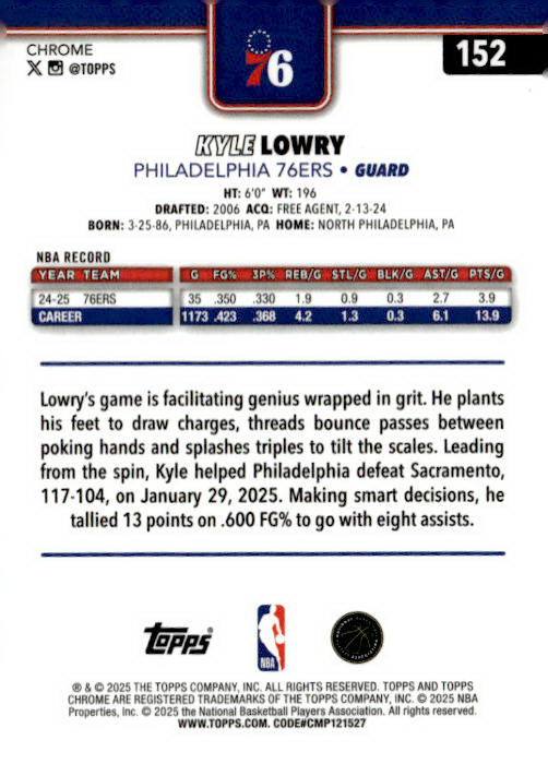 2025-26 Topps Chrome #152 Kyle Lowry Red White and Blue Refractor