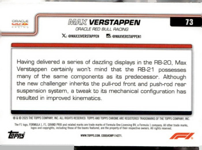 2025 Topps Chrome Formula 1 #73 Max Verstappen