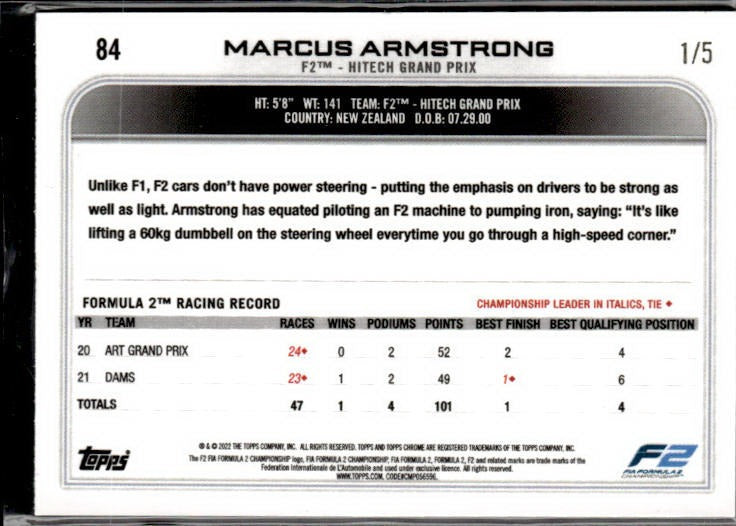 2022 Topps Chrome Formula 1 #84 Marcus Armstrong