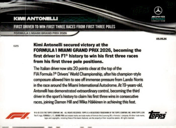 2026 Topps Now Formula 1 #025 Kimi Antonelli