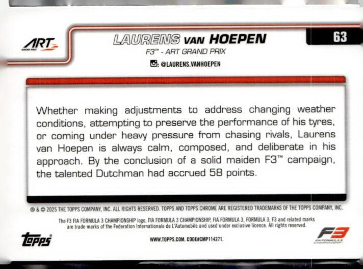 2025 Topps Chrome Formula 1 #63 Laurens van Hoepen Checker Flag Refractor