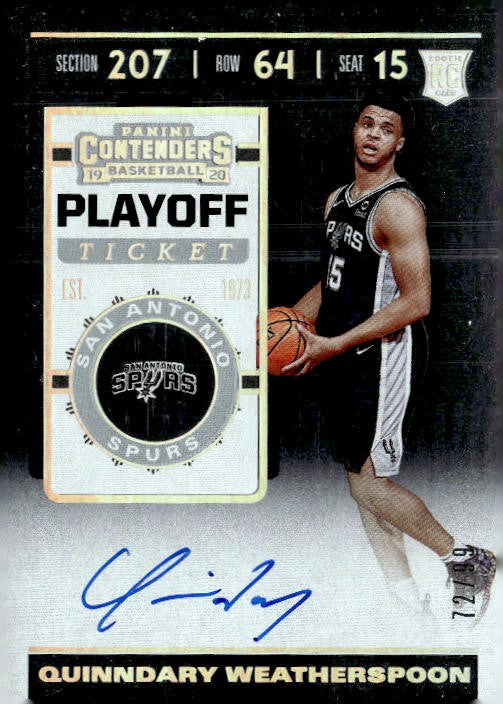 Quinndary Weatherspoon 2019-20 Panini Contenders Playoff Ticket RC Auto #125 San Antonio Spurs /72